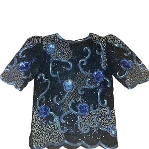 Vintage 80s Beaded Sequins Floral Silk Top Size Medium